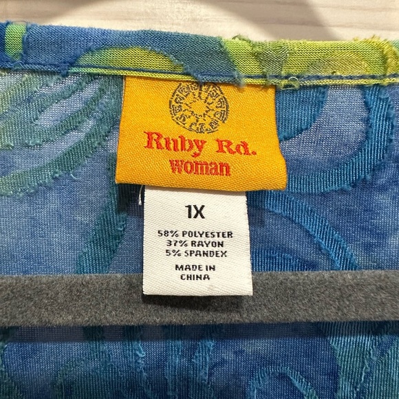 Ruby Rd. Blue and Green Asymmetrical Ruched Blouse - Picture 2 of 5